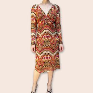 Natorious Mid Length Multicolor Ruched V-Neckline Dress Long Sleeves Size M